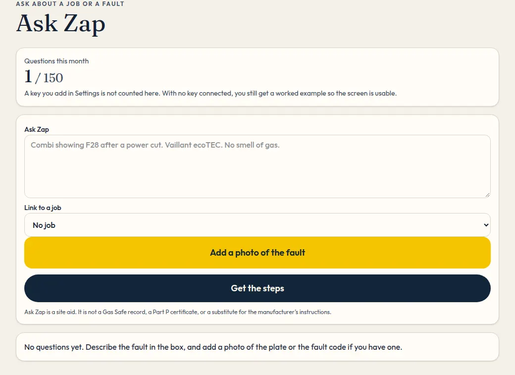 Ask Zap, ready for a question about a job or a fault.