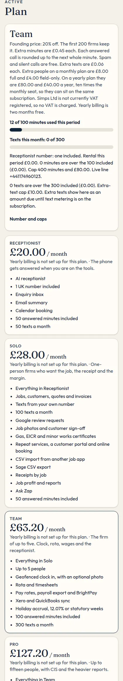 The plan page on a phone.