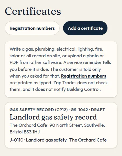The certificates list on a phone.