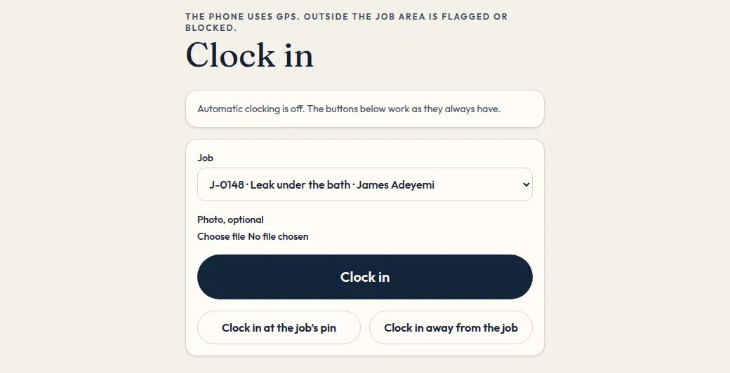The clock-in screen.