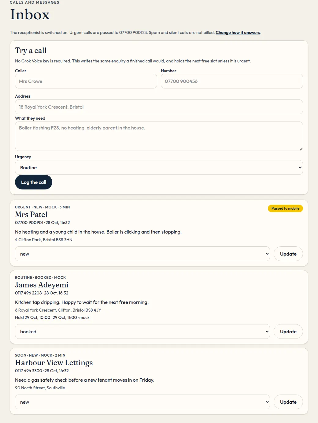 The enquiry inbox with calls and a Try a call form.