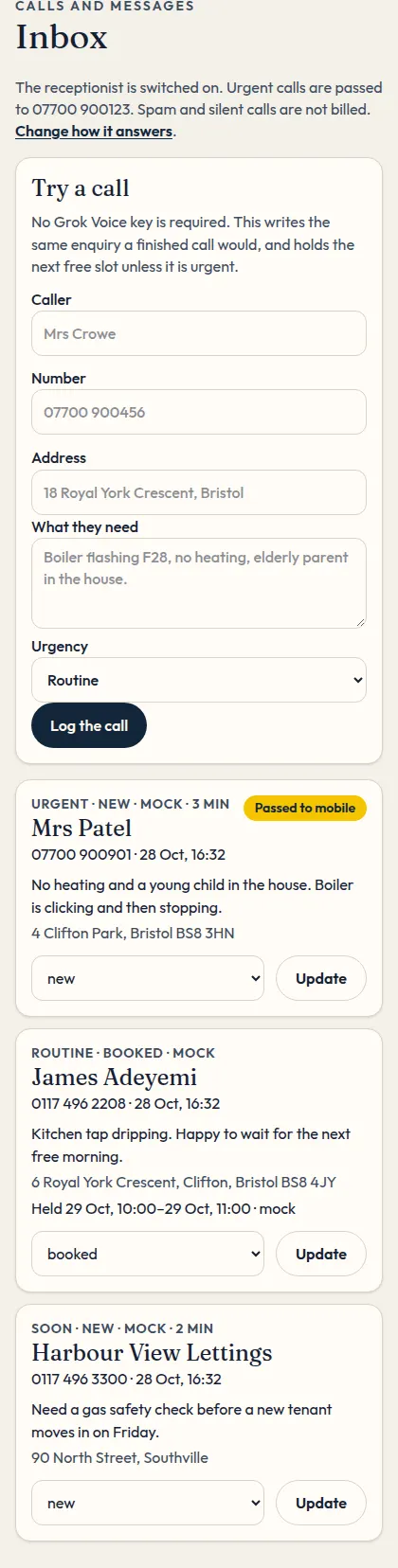 The enquiry inbox on a phone.