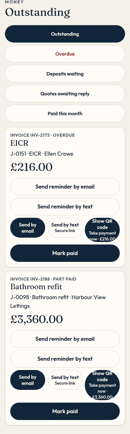 The invoices list on a phone.