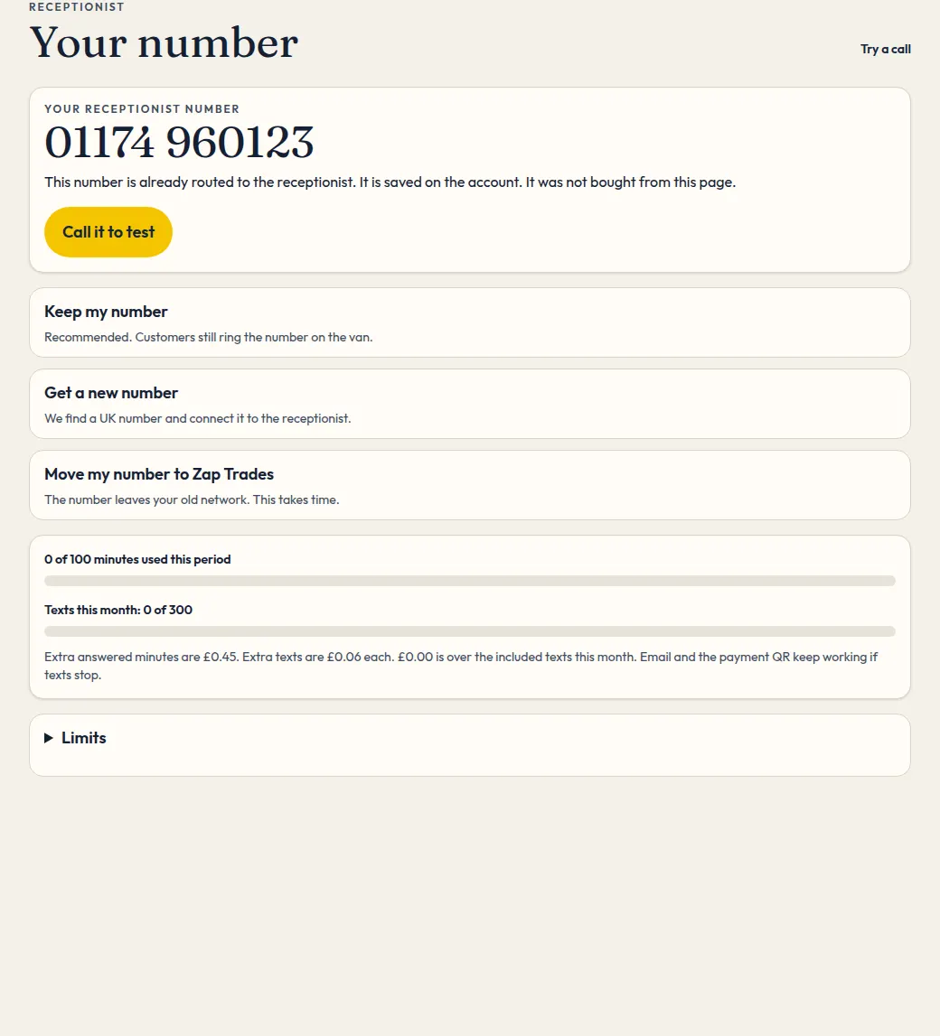 The receptionist number page, with search, forwarding and minute usage.