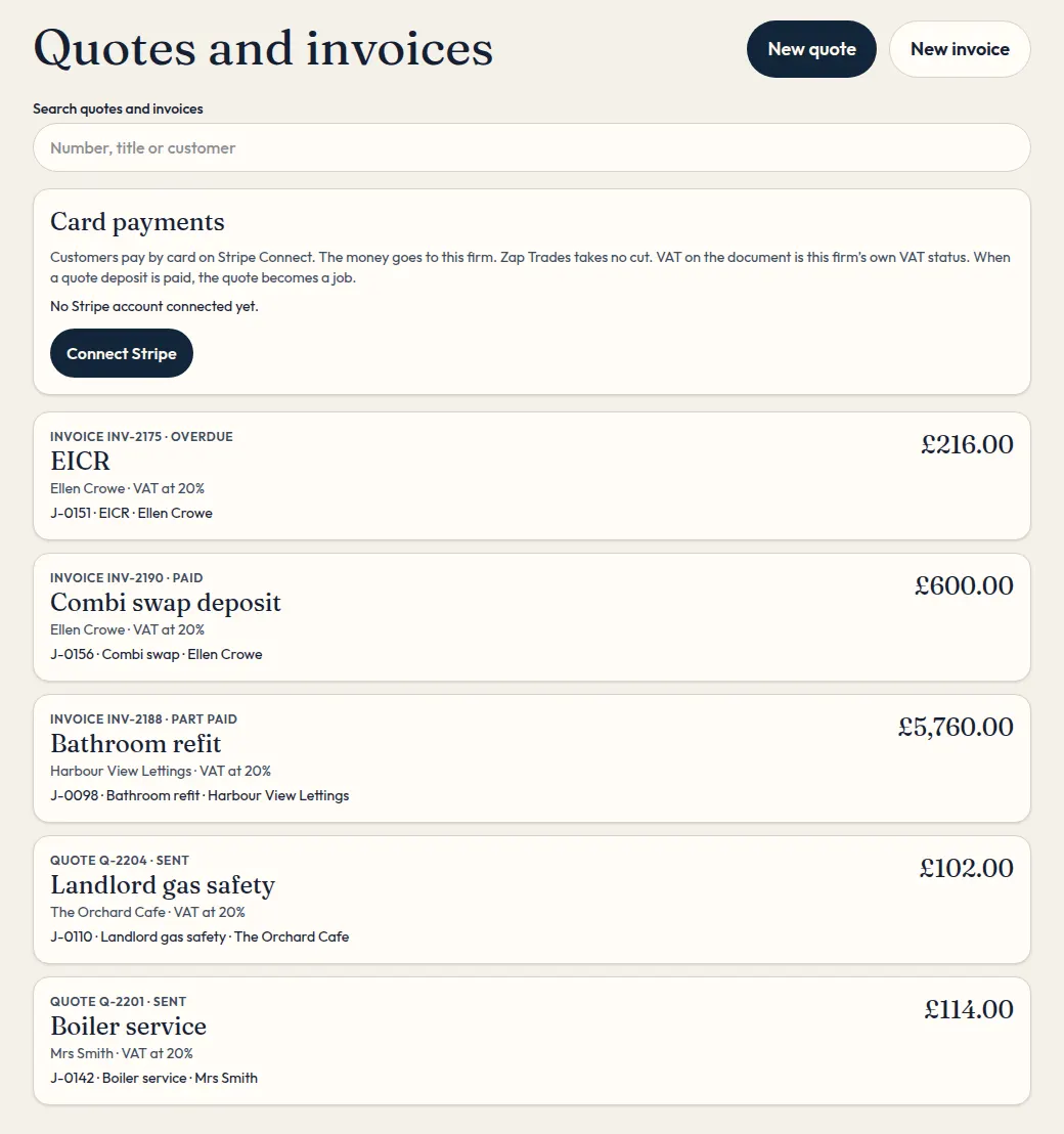 The quotes list, with amounts and customer names.