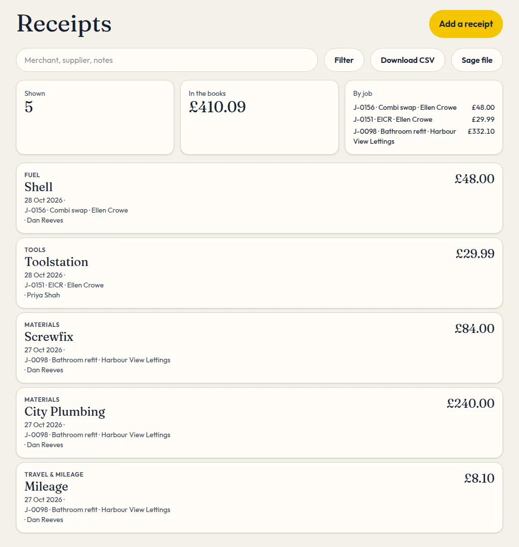 The receipts list, grouped against jobs.