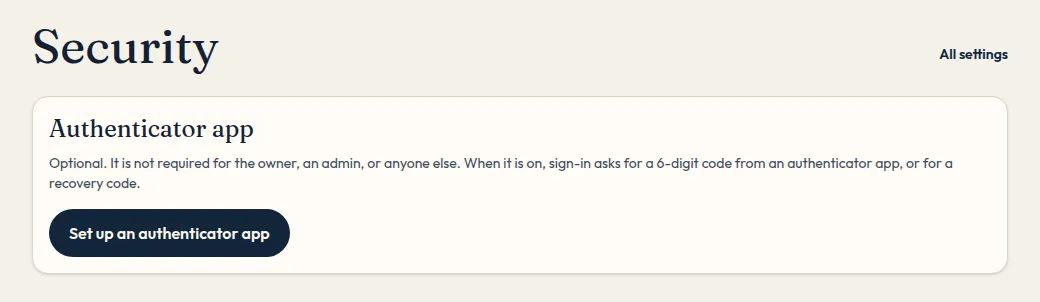 The security page, where an authenticator app can be turned on.