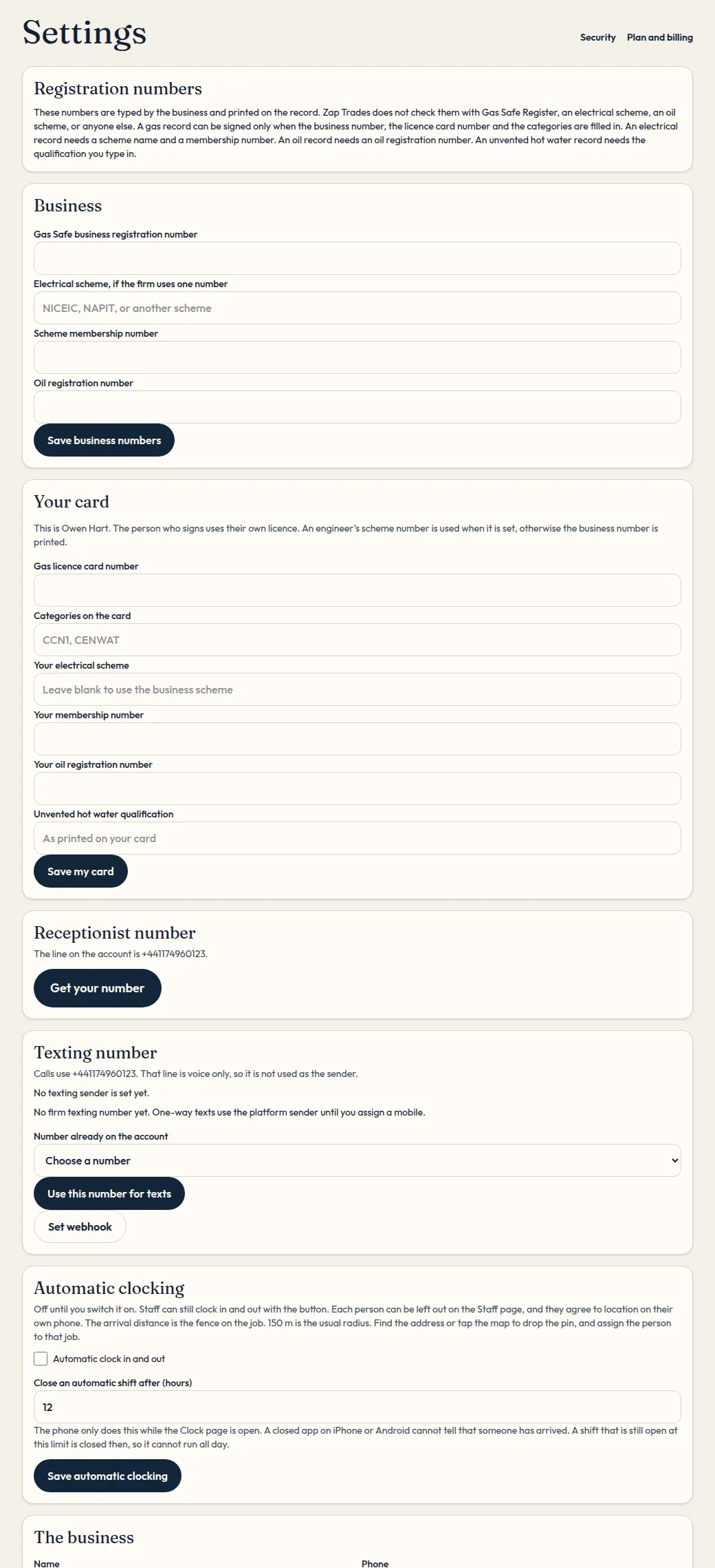 Settings, including the accounts connections for Xero and QuickBooks.