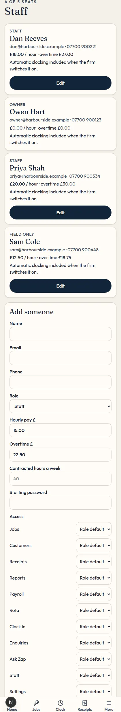 The staff list on a phone.