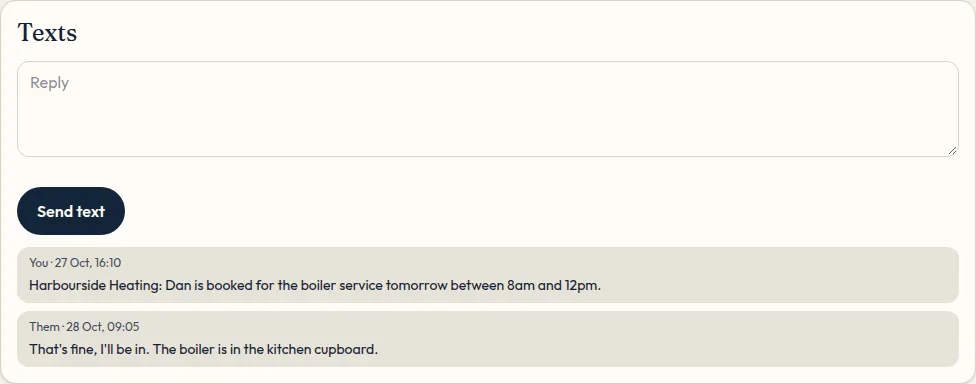The text thread and compose box on Mrs Smith's boiler service job.