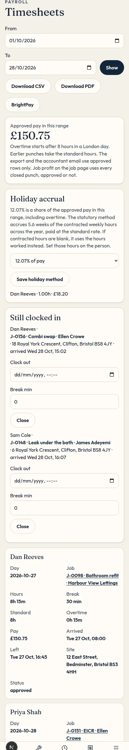 Timesheets on a phone.