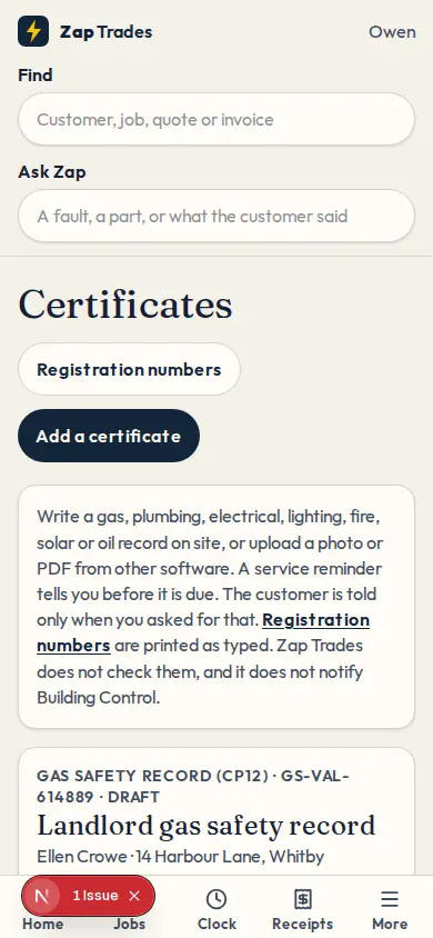 A certificate on a phone, with the fields an engineer fills in.
