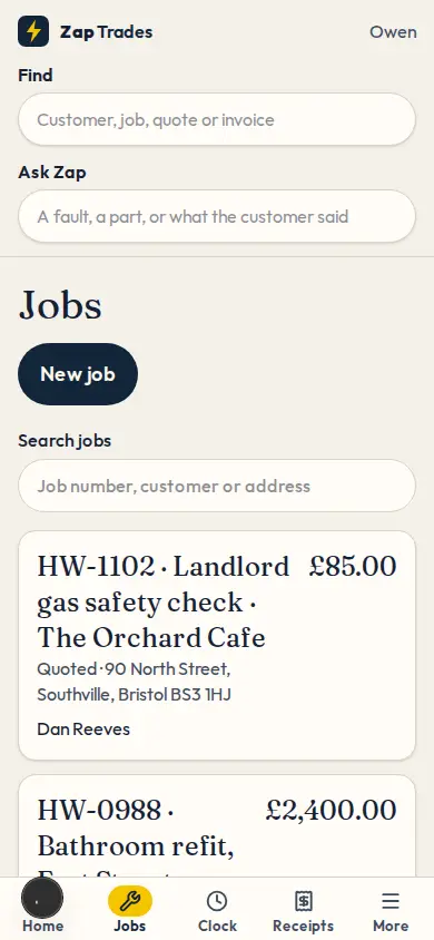 The job screen on a phone, with the address and what is left to do.